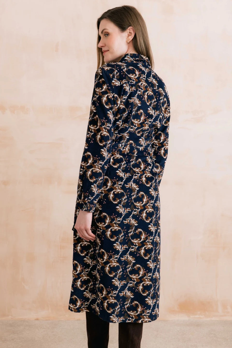 Anya Pincord Trailing Leaves Print-  Midi Shirt Dress  - Navy/Chocolate - Lily &amp; Me