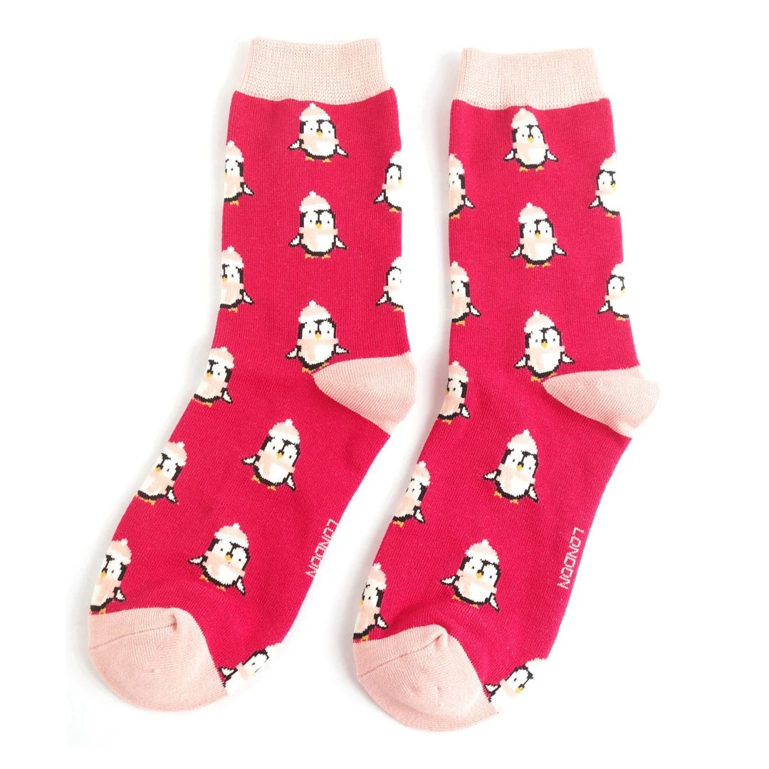 Miss Sparrow Bamboo Ankle Socks - Cute Penguin - Dark Red