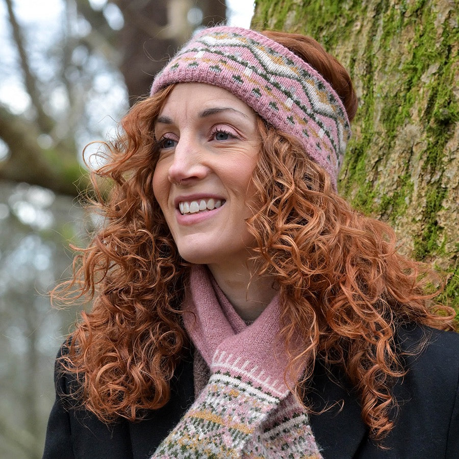POM Fairisle Border Cosy Headband - Dusky Pink/Green