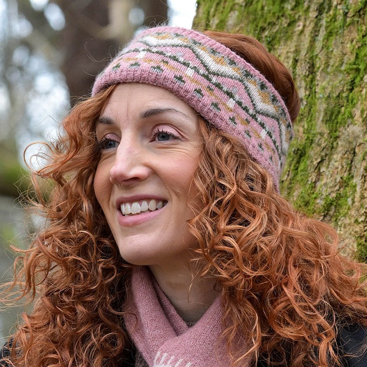 POM Fairisle Border Cosy Headband - Dusky Pink/Green