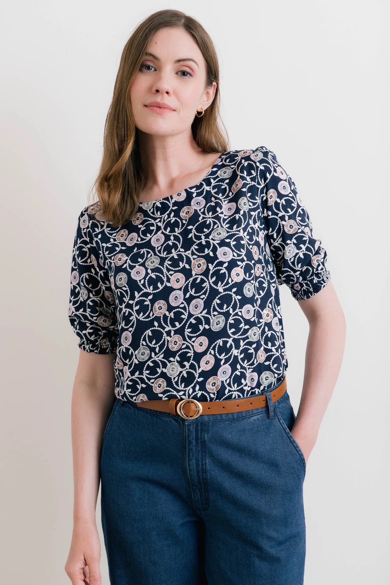 Meadow 3/4 Sleeved Print Top - Sea Holly - Navy- Lily &amp; Me