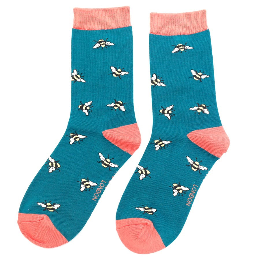 Miss Sparrow Bamboo Ankle Socks - Bumble Bee Scattered - Teal