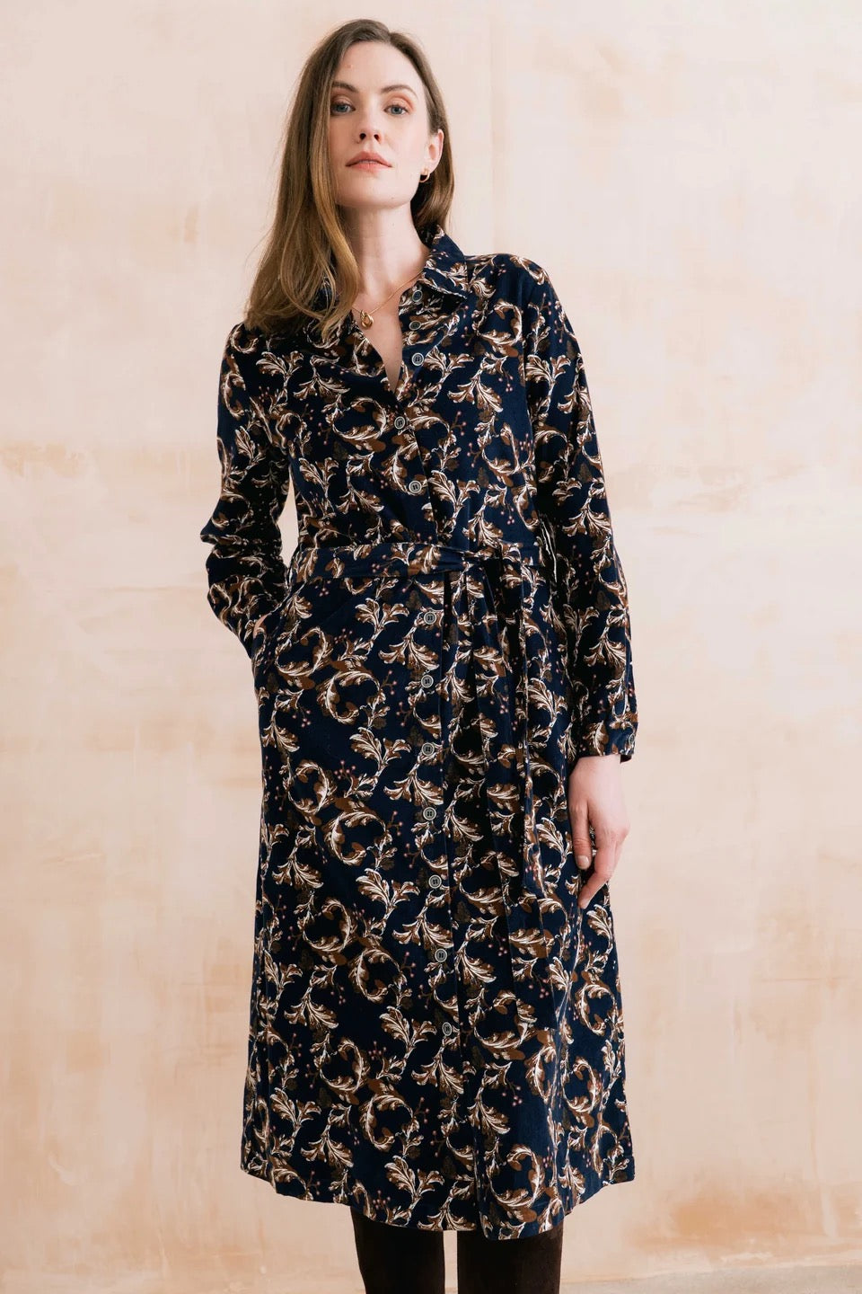 Anya Pincord Trailing Leaves Print-  Midi Shirt Dress  - Navy/Chocolate - Lily &amp; Me