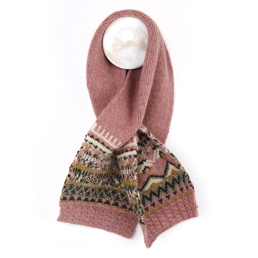 POM Fairisle Border Knit Pull Through Crossover Scarf - Dusky Pink/Green