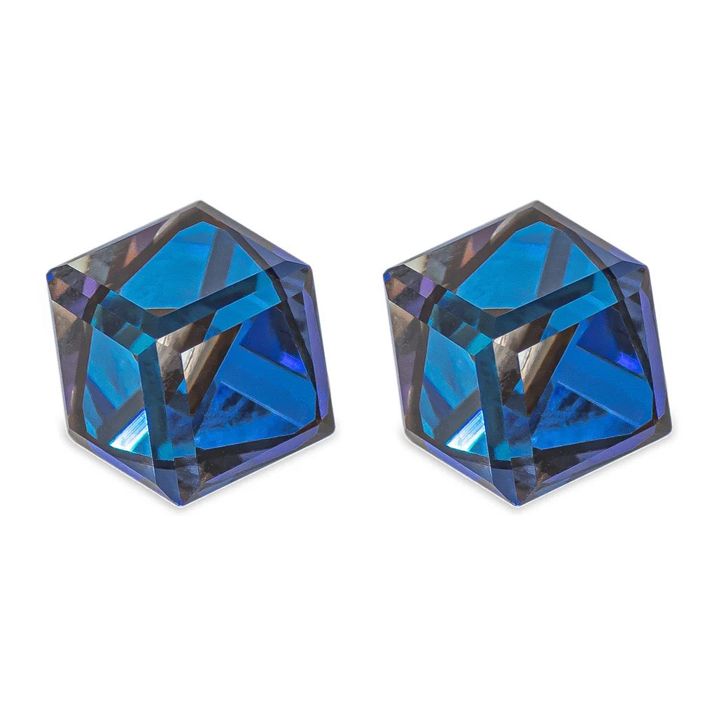 Byzantium 4mm Austrian Tiny Crystal Studs - Oblique Cubes - Bermuda Blue