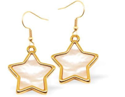 Byzantium Gold & White Pearl Embossed Star Drop Earrings