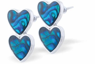 Byzantium Paua Shell Stud Earrings - Double Hearts