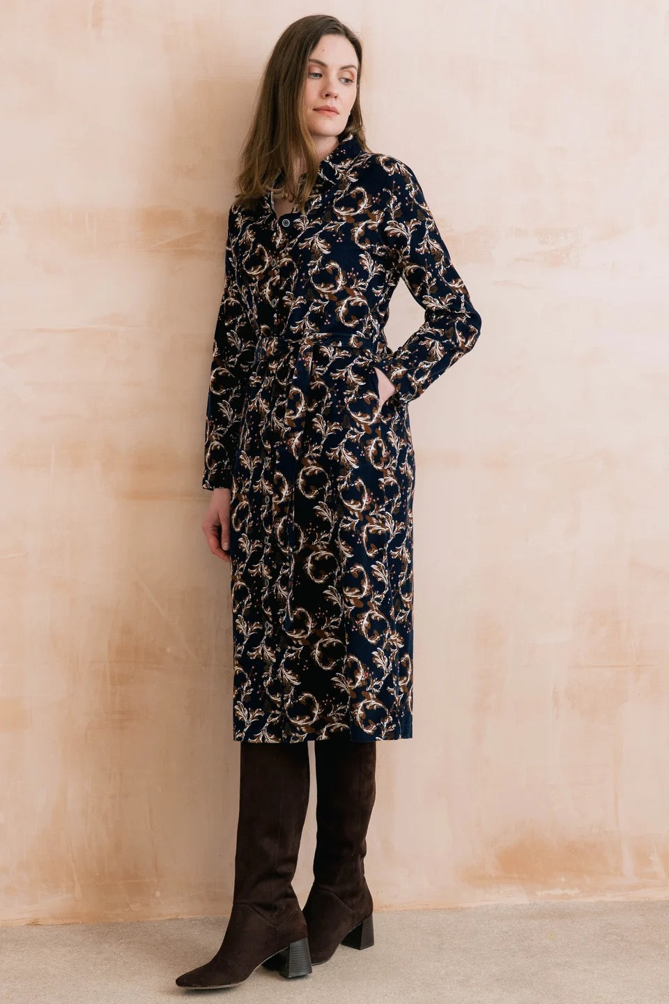 Anya Pincord Trailing Leaves Print-  Midi Shirt Dress  - Navy/Chocolate - Lily &amp; Me