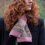 POM Fairisle Border Knit Pull Through Crossover Scarf - Dusky Pink/Green