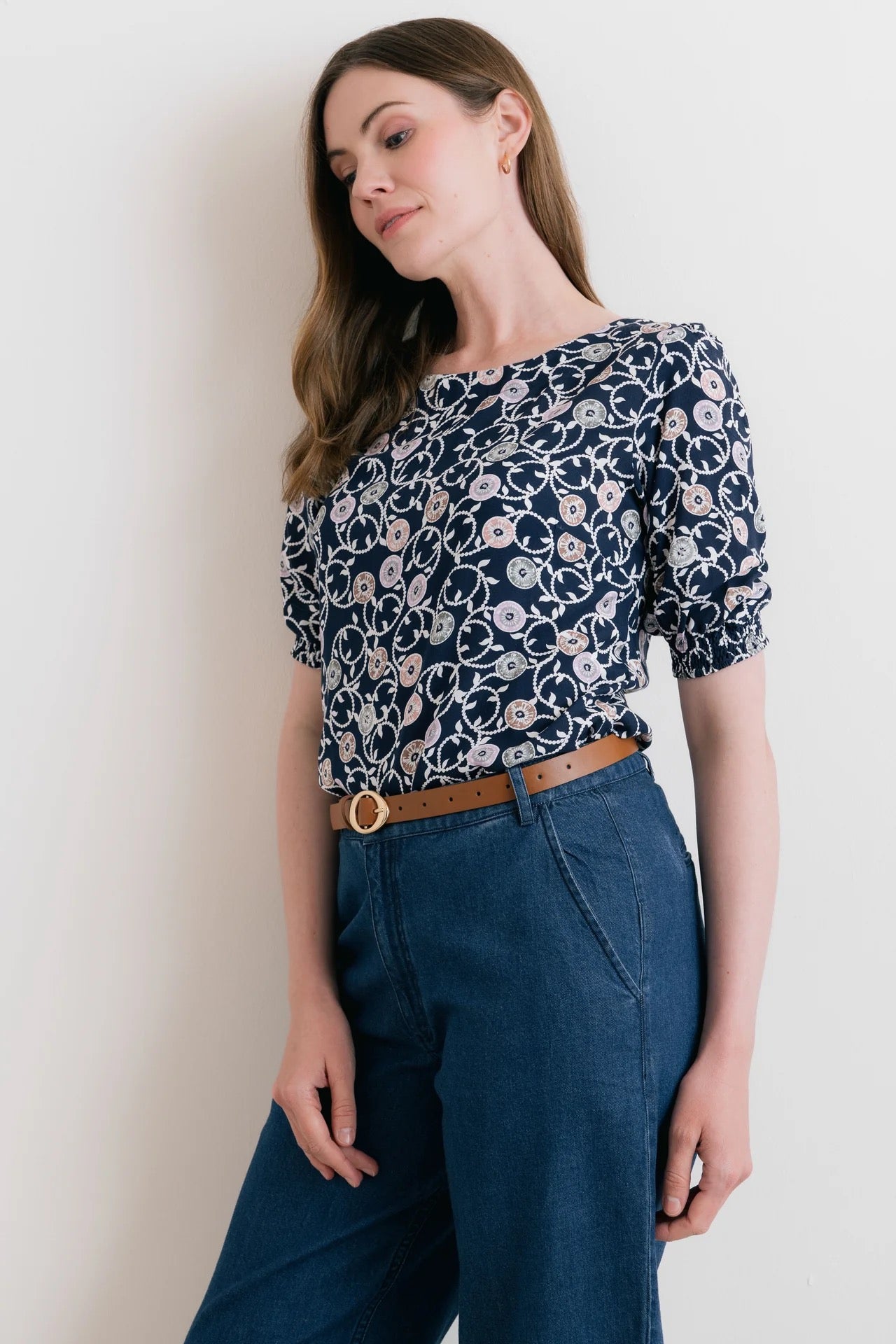 Meadow 3/4 Sleeved Print Top - Sea Holly - Navy- Lily &amp; Me