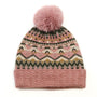 POM Fairisle Border Embellished Knitted Bobble Hat - Dusky Pink/Green