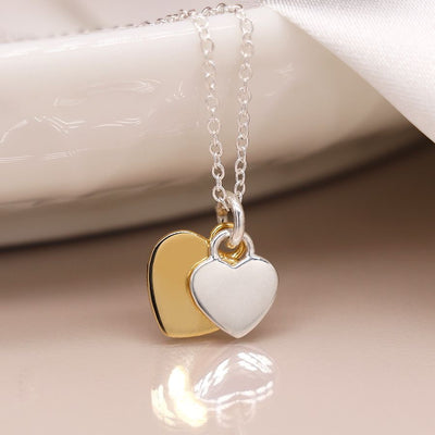 POM Sterling Silver& Gold Double Heart Charm Necklace