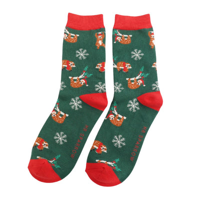 Mr Sparrow MENS Bamboo Ankle Socks - Xmas Sloths - Green