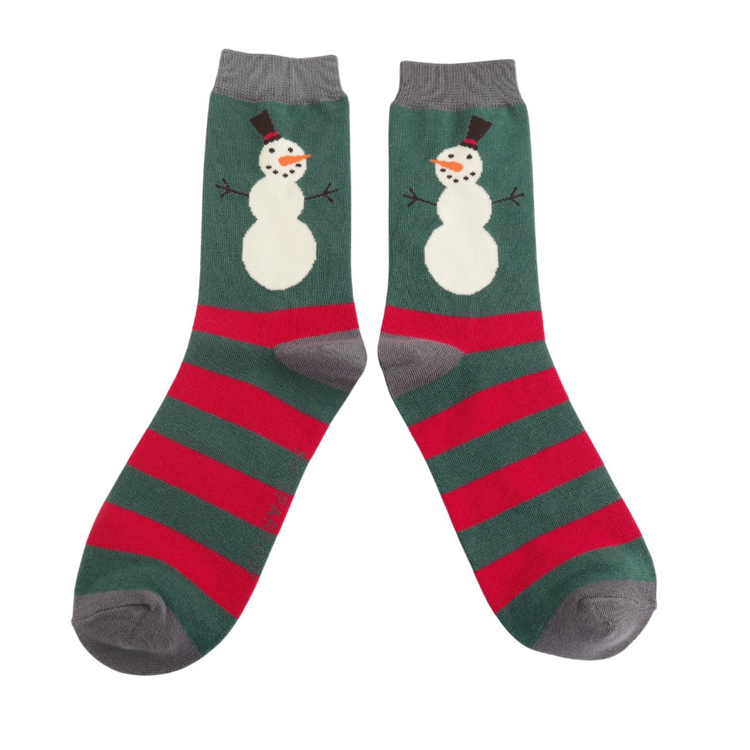 Mr Sparrow MENS Bamboo Ankle Socks - Snowman Stripes - Green