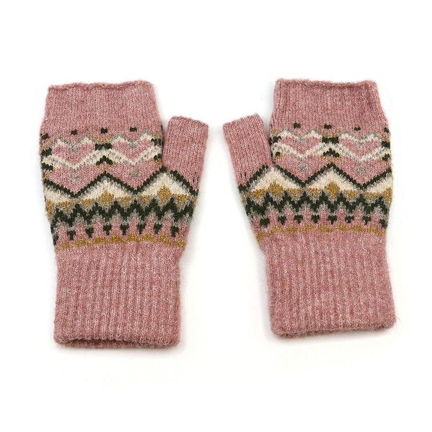 POM Fairisle Border Wrist Warmers - Dusty Pink/Green Mix