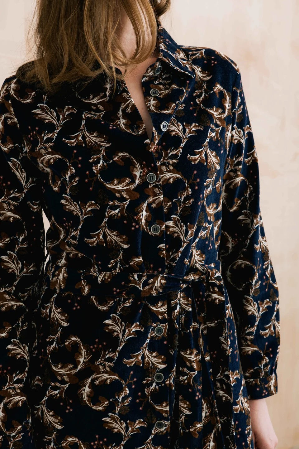 Anya Pincord Trailing Leaves Print-  Midi Shirt Dress  - Navy/Chocolate - Lily &amp; Me