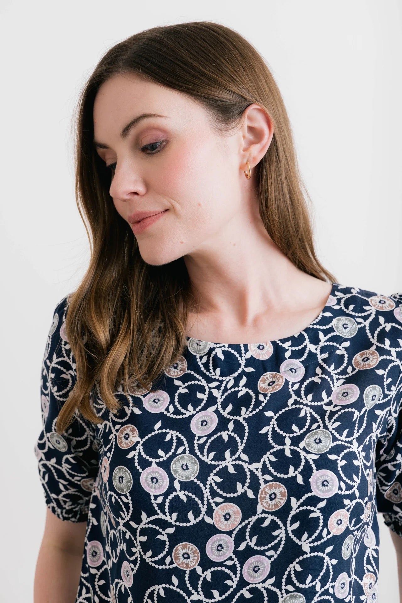 Meadow 3/4 Sleeved Print Top - Sea Holly - Navy- Lily &amp; Me