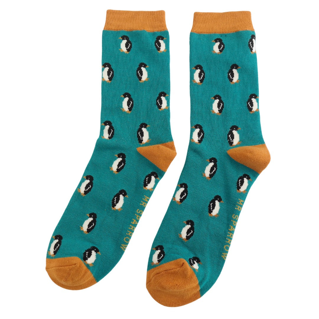 Mr Sparrow MENS Bamboo Ankle Socks - Little Penguins - Teal