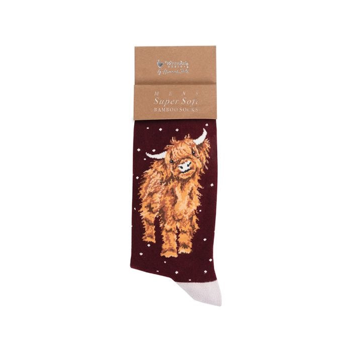 Highland Cow Christmas Mens Bamboo Socks - Burgundy - Wrendale Designs