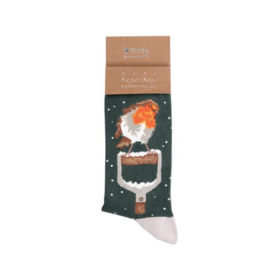 Robin Christmas Mens Bamboo Socks - Green - Wrendale Designs