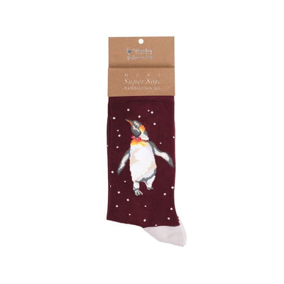 Festive Penguin Christmas Mens Bamboo Socks - Burgundy - Wrendale Designs