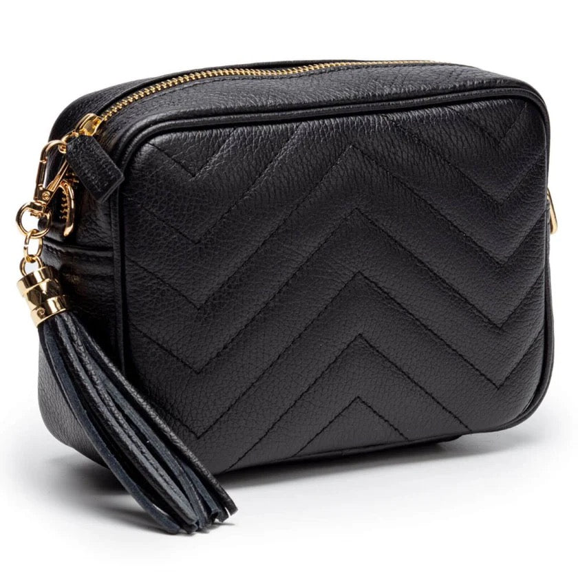 Elie Beaumont Designer Leather QUILTED Tassel Crossbody Bag - Black (GOLD Fittings)