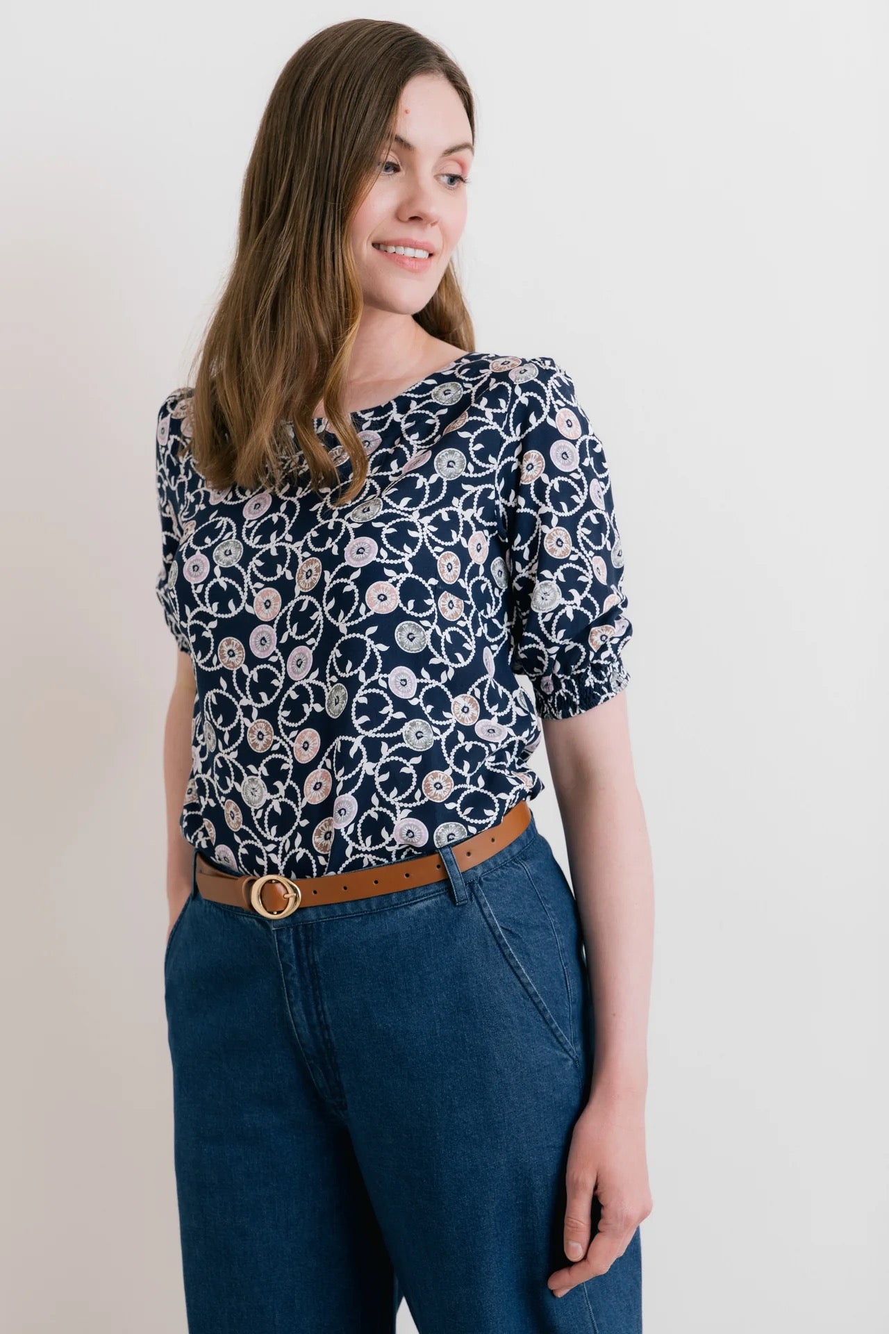 Meadow 3/4 Sleeved Print Top - Sea Holly - Navy- Lily &amp; Me