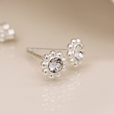 POM Sterling Silver Tiny Round Fancy Rhinestone Stud Earrings