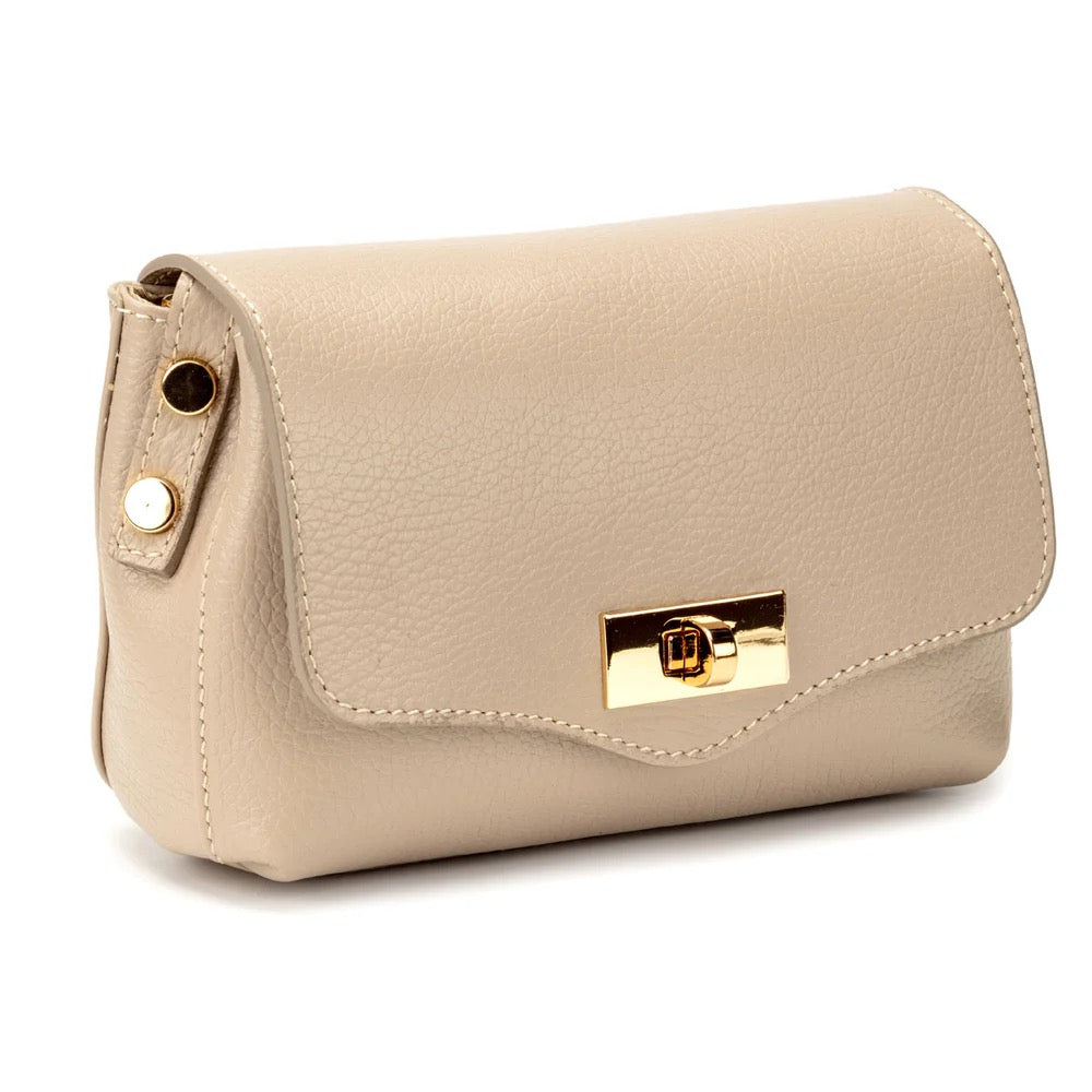 Elie Beaumont Leather Twist Lock Small Crossbody Bag - Biscuit (GOLD Fittings)