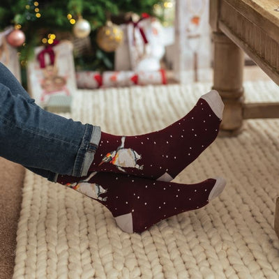 Festive Penguin Christmas Mens Bamboo Socks - Burgundy - Wrendale Designs