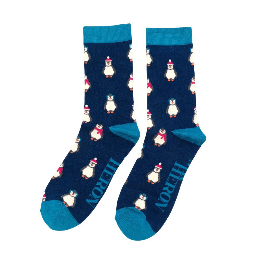 Mr Sparrow MENS Bamboo Ankle Socks - Cute Baby Penguins - Navy