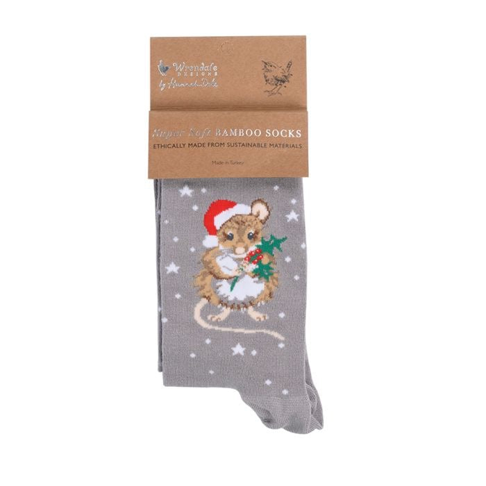 "Christmouse" Mouse Christmas Ladies Ankle Bamboo Socks - Grey -  Wrendale Designs