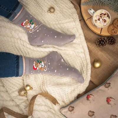 "Christmouse" Mouse Christmas Ladies Ankle Bamboo Socks - Grey -  Wrendale Designs