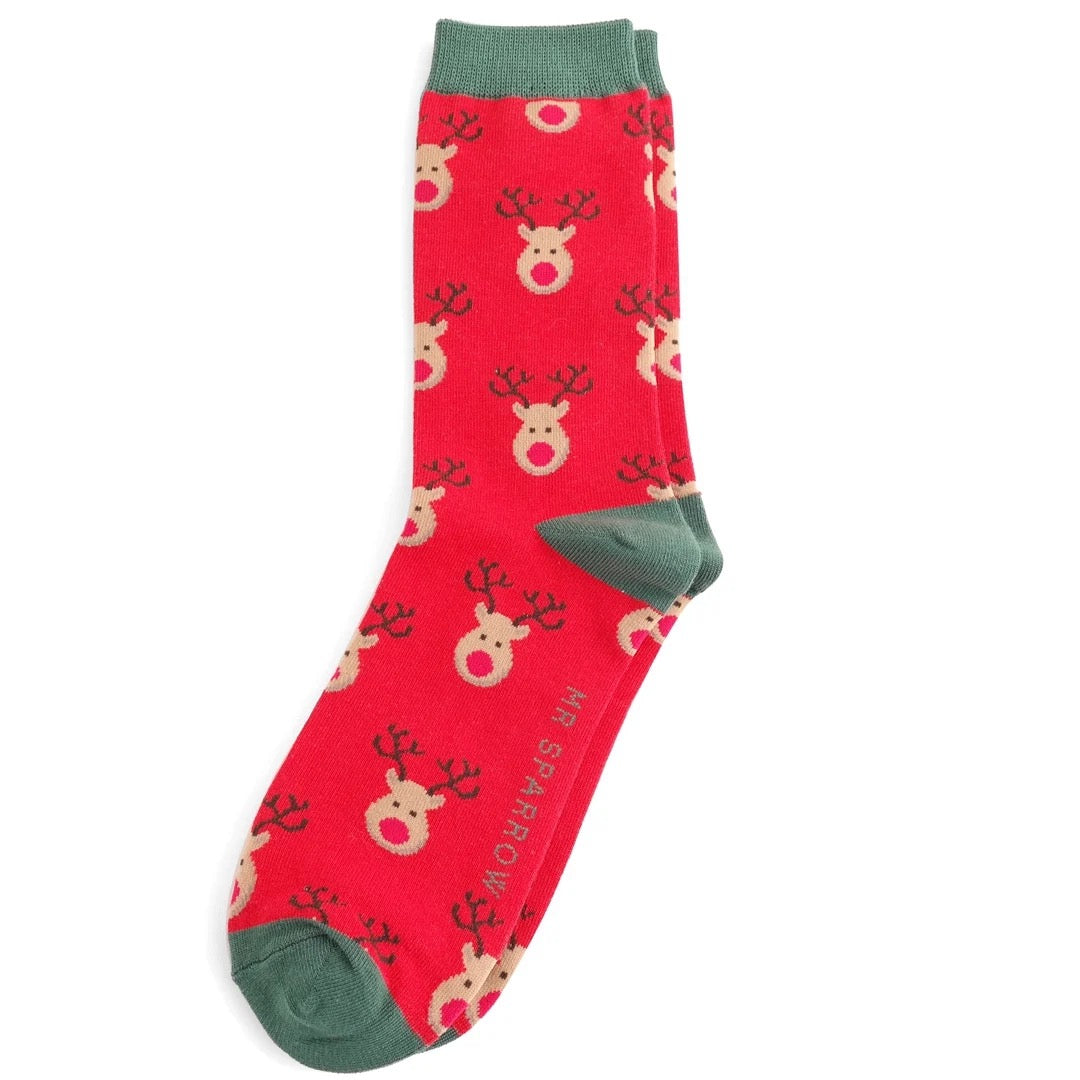 Mr Sparrow MENS Bamboo Ankle Socks - Reindeer - Red