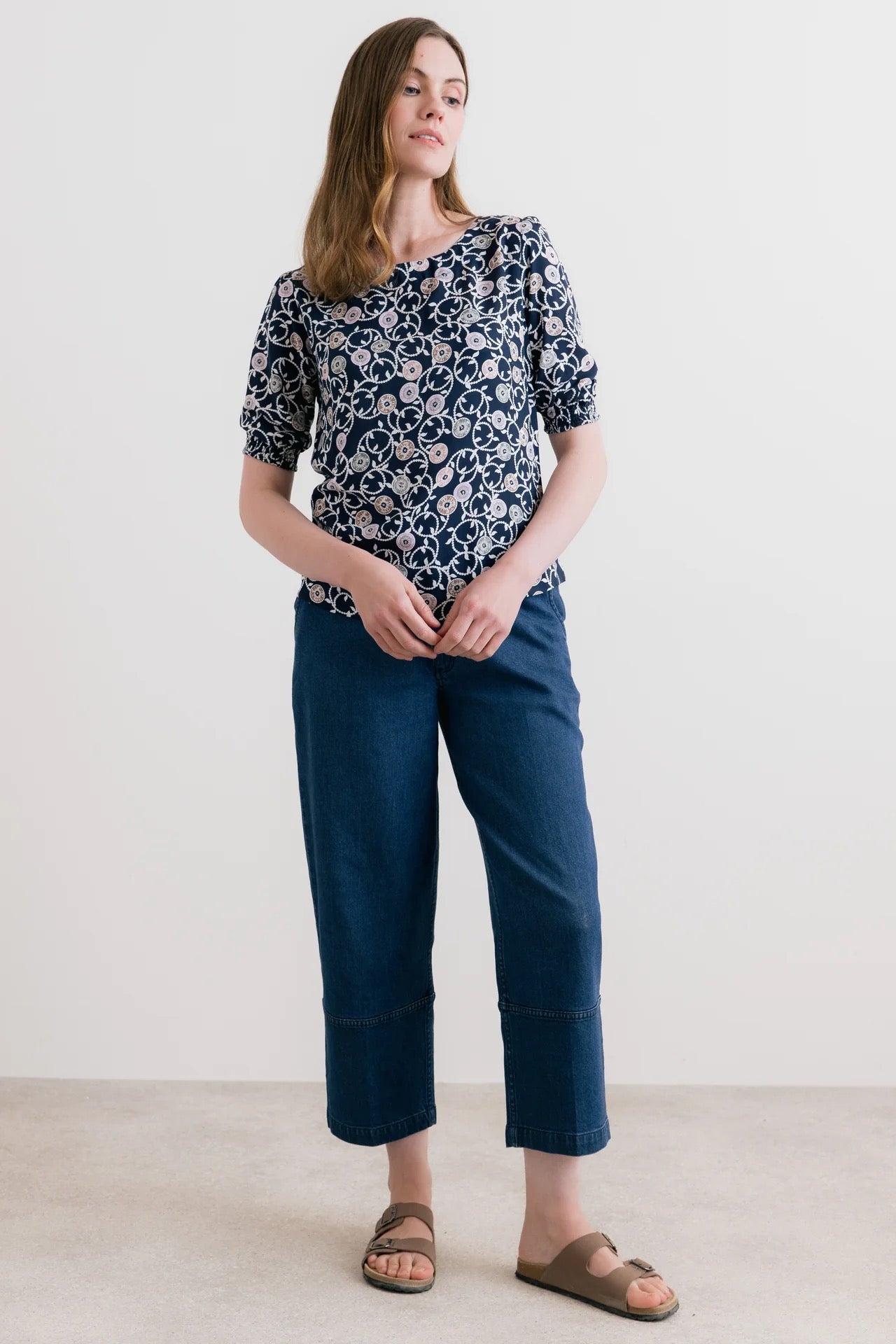 Meadow 3/4 Sleeved Print Top - Sea Holly - Navy- Lily &amp; Me