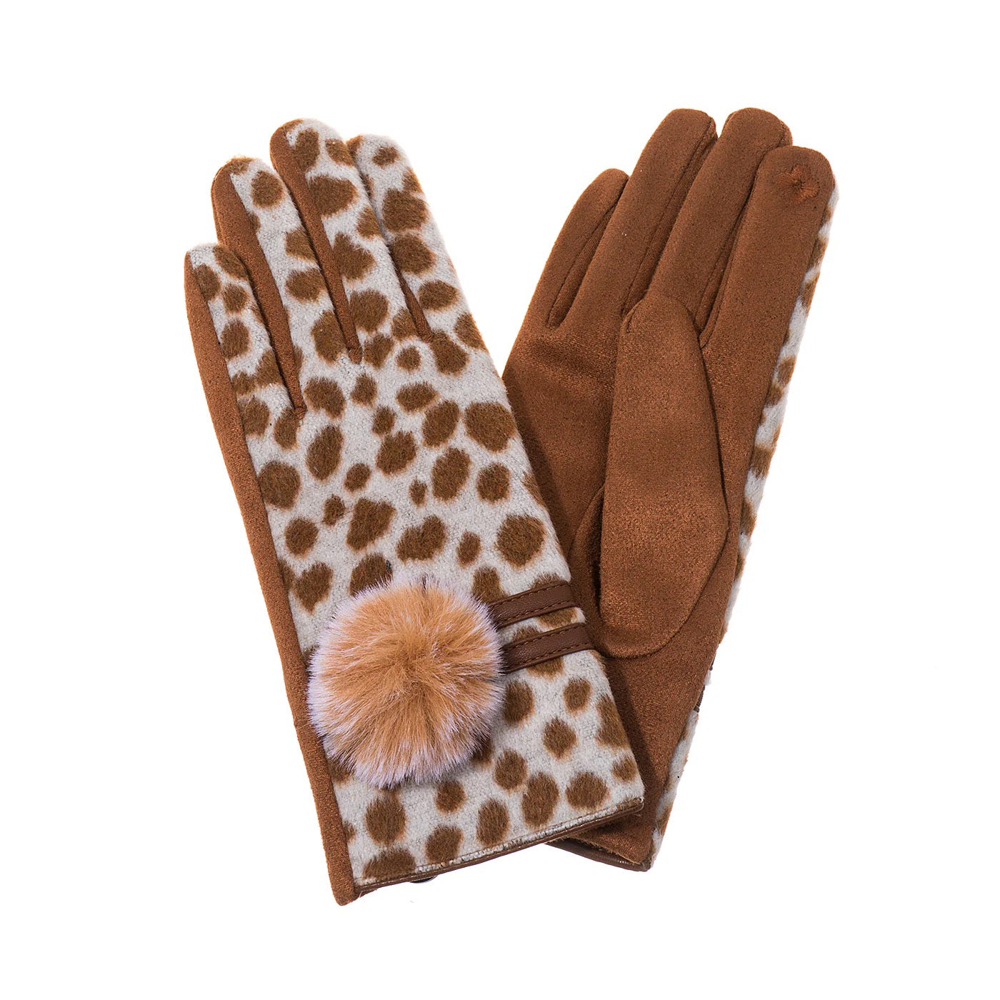 Park Lane Spot Print &amp; Faux Fur Pom Pom Detail Ladies Gloves- Burnt Spice