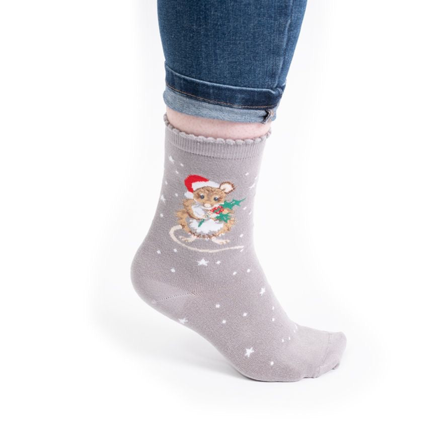 "Christmouse" Mouse Christmas Ladies Ankle Bamboo Socks - Grey -  Wrendale Designs