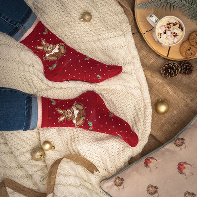 Rabbit Christmas Ladies Ankle Bamboo Socks - Red -  Wrendale Designs