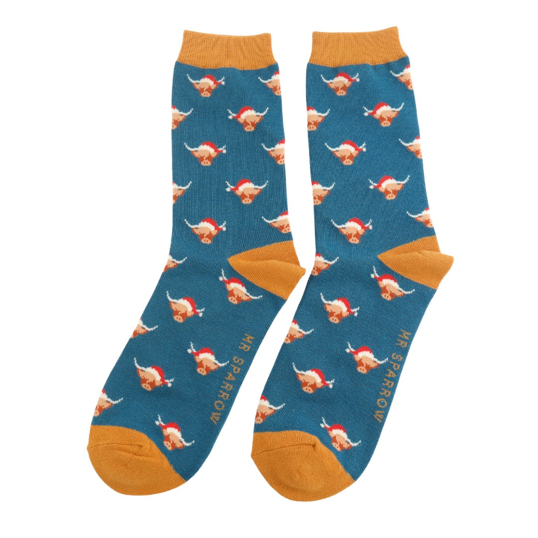 Mr Sparrow MENS Bamboo Ankle Socks - Christmas Highland Cow - Teal