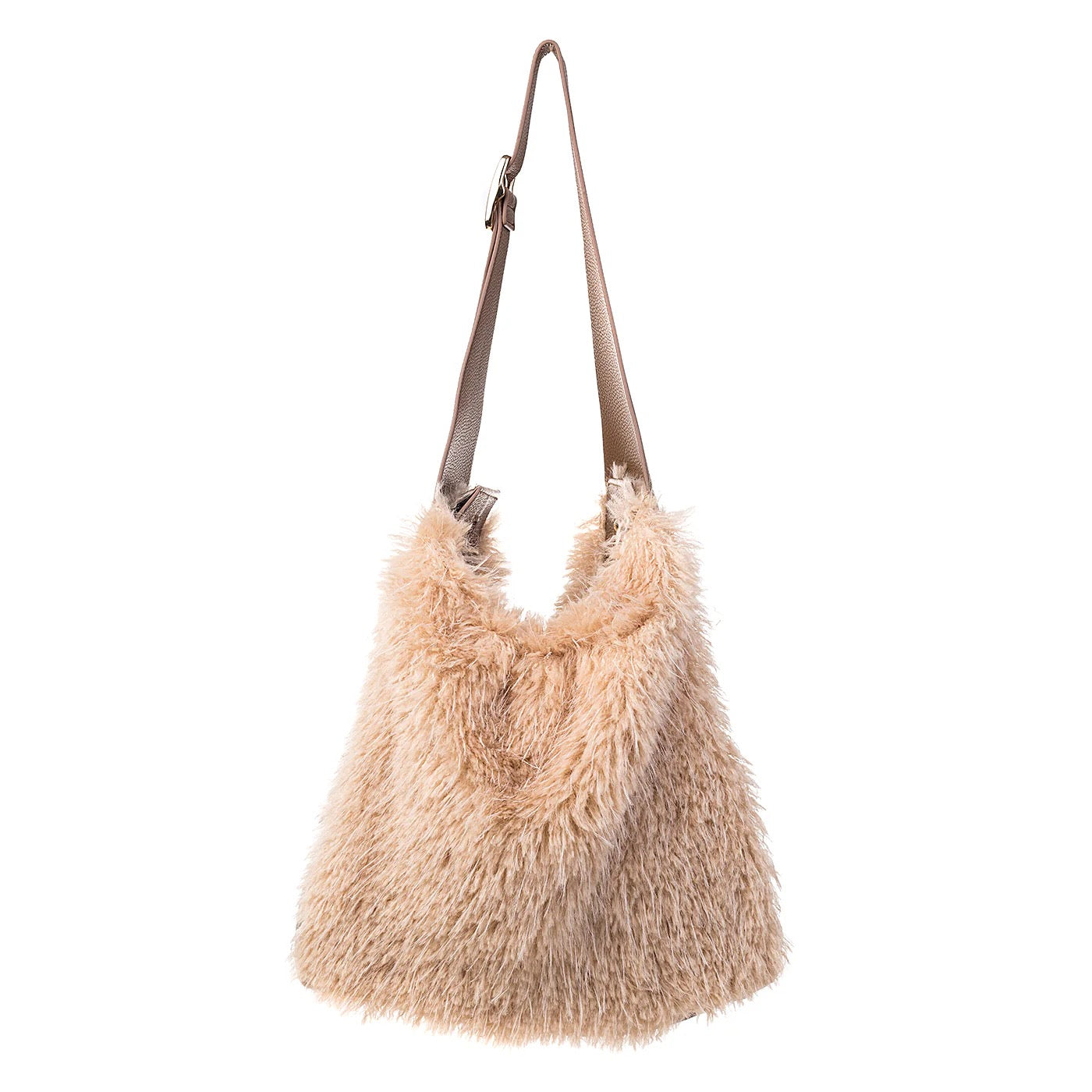 Park Lane - Faux Fur &amp; Faux Leather - Large Slouch Shoulder Bag - Linen/Brown