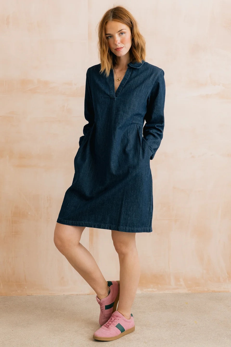 Emma Collared V-Neck Denim Dress  - Dark Wash - Lily &amp; Me
