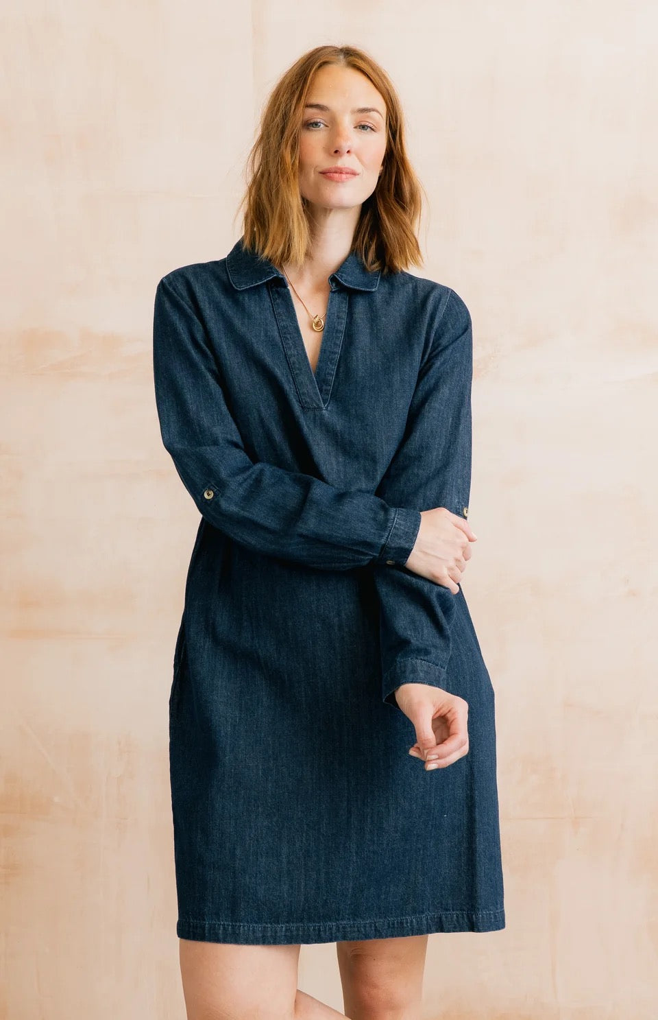 Emma Collared V-Neck Denim Dress  - Dark Wash - Lily &amp; Me