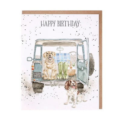 Barking Birthday Dogs in Landrover - Birthday Card - Wrendale Designs