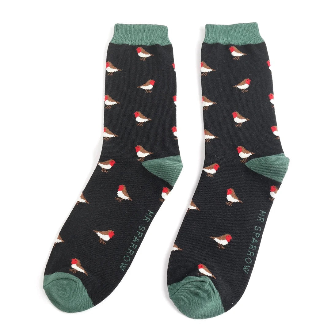 Mr Sparrow MENS Bamboo Ankle Socks - Little Robins - Black