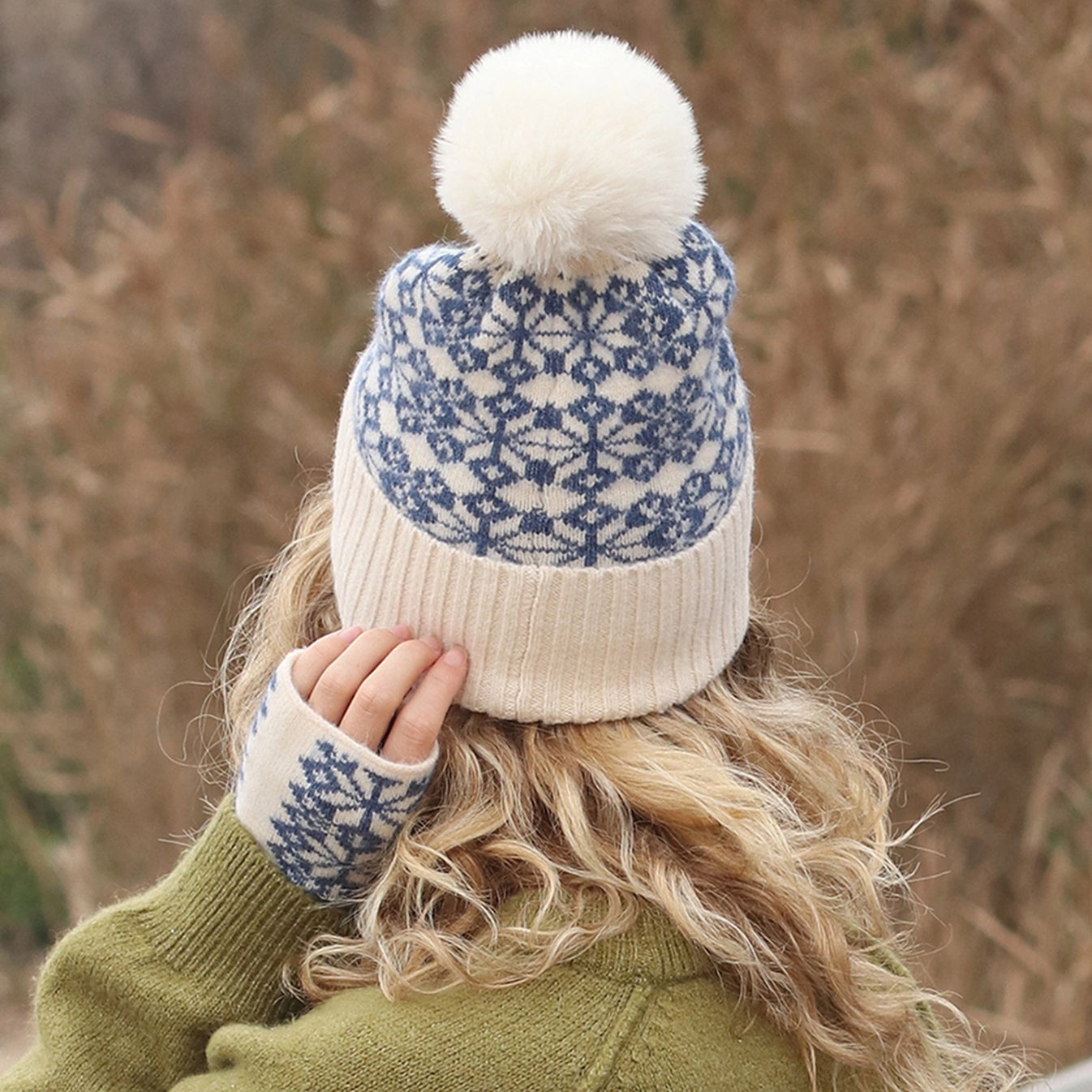 POM Scandi Star Flower Knitted Bobble Hat - Blue/Cream
