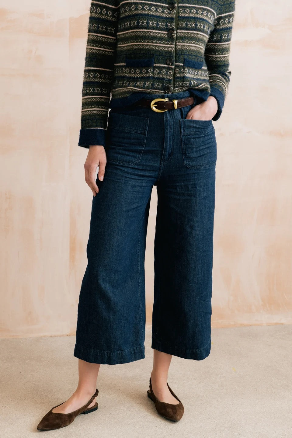Amelia Cropped Wide Leg Lightweight Linen Denim Trousers  - Dark Denim - Lily &amp; Me