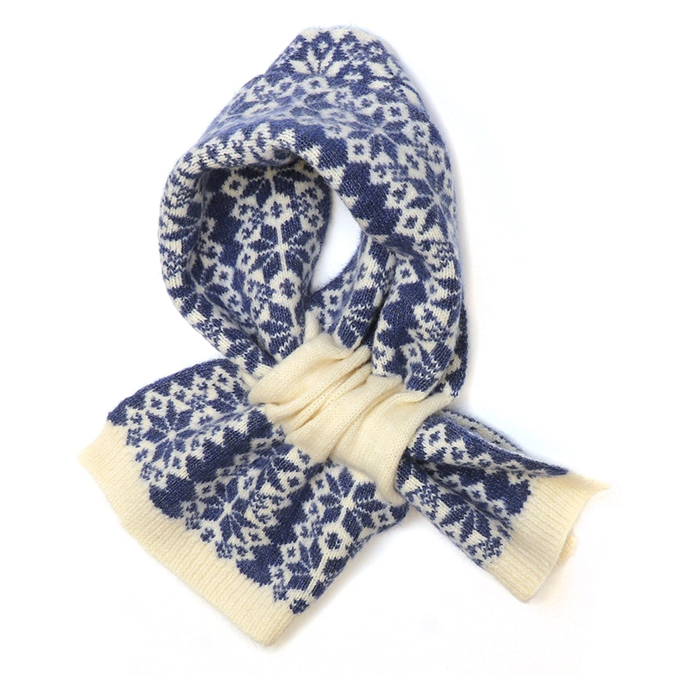 POM - Scandi Star Flower Pattern Pull Through Crossover Scarf - Blue/Cream Mix