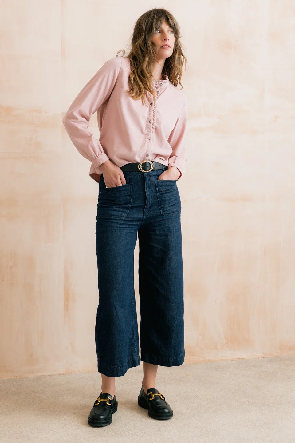 Amelia Cropped Wide Leg Lightweight Linen Denim Trousers  - Dark Denim - Lily &amp; Me