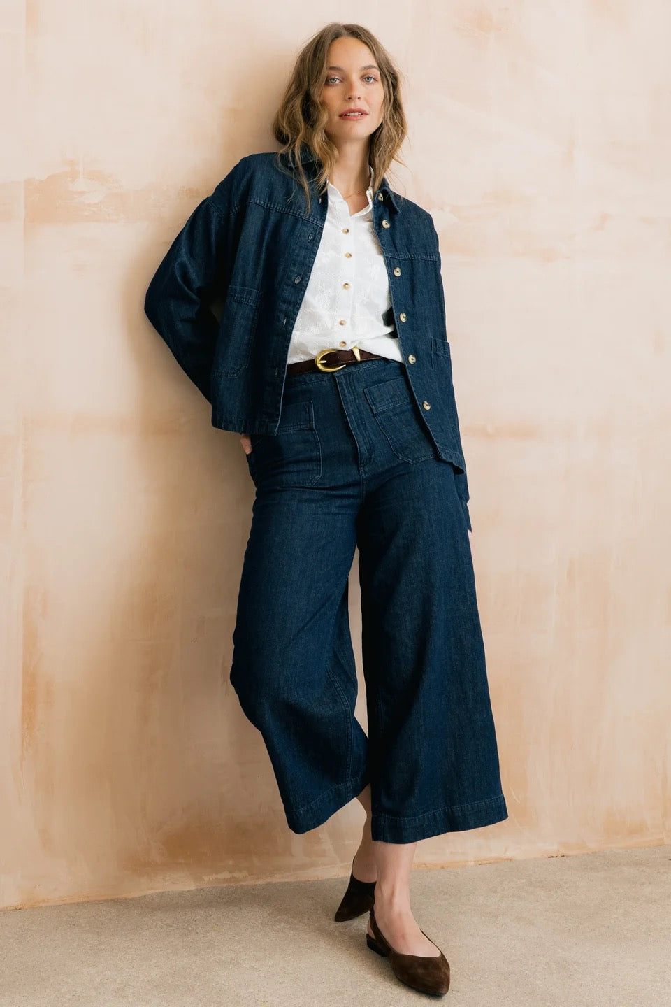 Amelia Cropped Wide Leg Lightweight Linen Denim Trousers  - Dark Denim - Lily &amp; Me