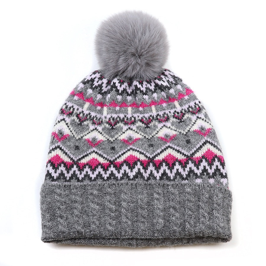 POM Fairisle Border Knitted Bobble Hat - Grey Pink Mix